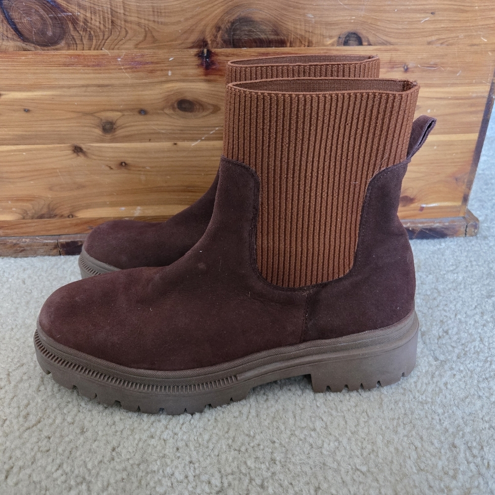 SERRA brown suede leather Chelsea boots sweater knit trim platform sz 9.5-10